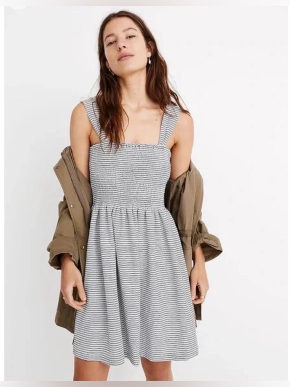 Madewell Texture & Thread Smocked Mini Dress Striped XXS Blue White